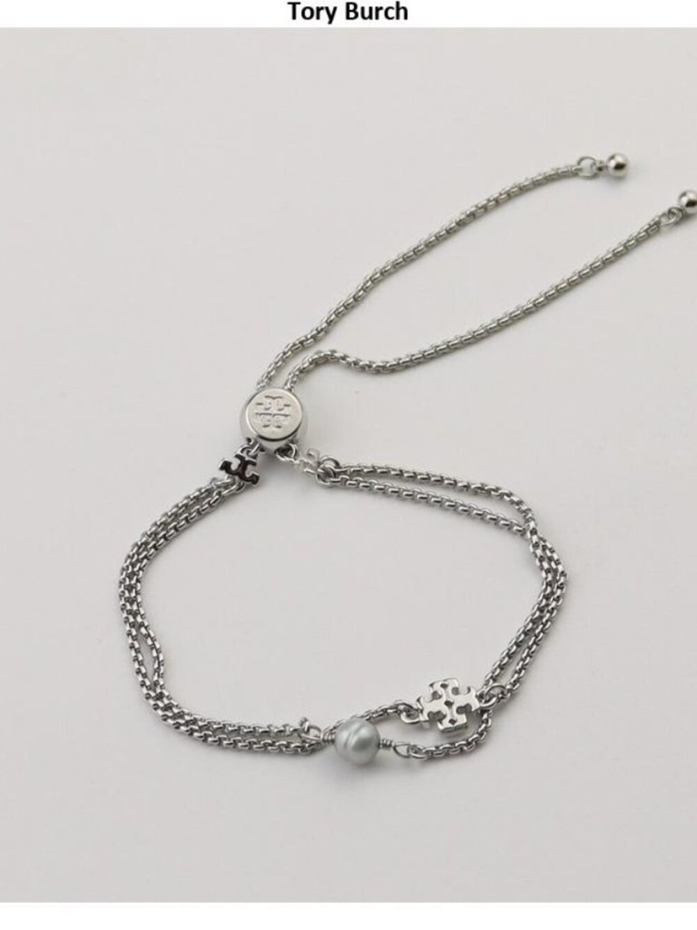 Tory Burch Silver-Tone Logo Adjustable Chain Bracelet with Gray Pearl Accent
